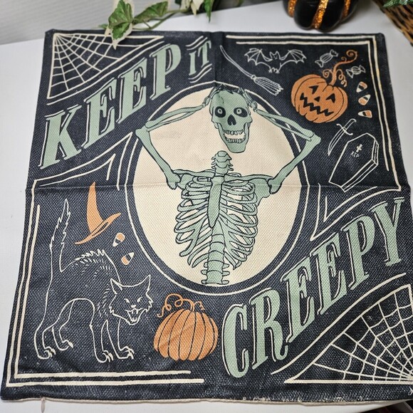 4 Retro Style Halloween Linen Pillow Covers 18x18 Cat Pumpkin Skeleton Bat Decor - Picture 16 of 16